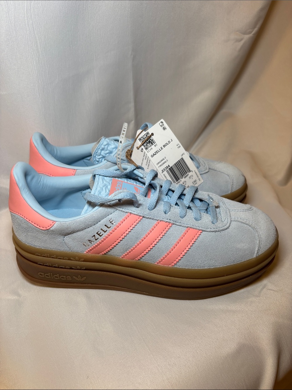 adidas Gazelle Platform Sneakers in Light Blue and Pink Coral